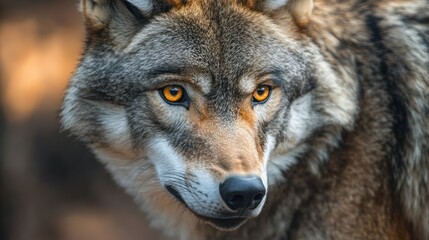Obraz premium Close-up Portrait of a Wolf with Intense Amber Eyes