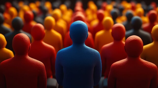 A unique visual of a blue figure standing out among a crowd of orange and black figures, symbolizing individuality and diversity.