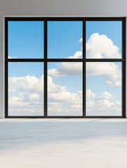 Fototapeta premium Spacious modern interior featuring large windows that showcase a bright sky with fluffy clouds, ideal for design inspiration.