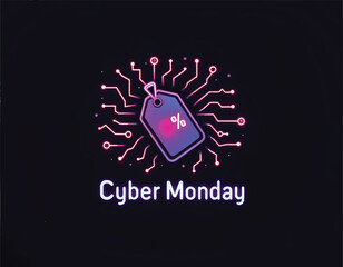 a black screen with a cyber monday sale sign on it and a price tag and circuit lines on it