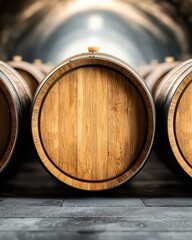 stacked wooden barrels in a rustic cellar, showcasing craftsmanship and aging process in wine production.