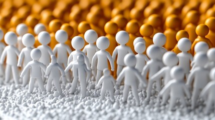 Obraz premium A vibrant scene featuring miniature figures in white and orange, symbolizing diversity and unity in a stylized population.