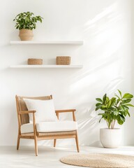 A cozy interior featuring a stylish chair, decorative plants, and minimalist shelving for a serene atmosphere.