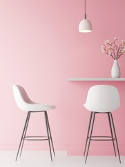Fototapeta premium Stylish white bar chairs with a sleek design against a soft pink wall, accompanied by a minimalist table and vase of flowers.