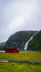 outdoor house with waterfall