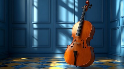 Fototapeta premium Beautiful wooden cello placed elegantly in a spacious room with soft shadows and vibrant colors, perfect for music-themed visuals.