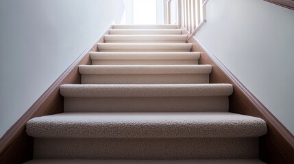 Lowangle wide shot of a staircase leading up from a basement in a luxury house The stairs are carpeted in beige and feature a single wooden rail on the left