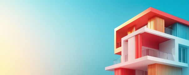 Modern architectural design featuring colorful exterior against a vibrant blue sky. Ideal for real estate and design projects.
