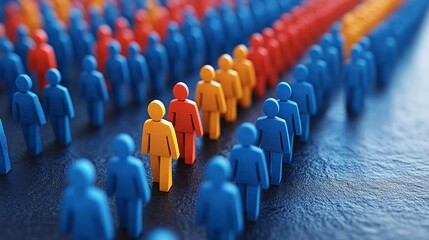 Obraz premium Colorful figurines stand in rows, illustrating diversity and unity, showcasing teamwork and collaboration in a creative setup.
