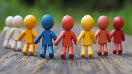 Colorful wooden figures holding hands, symbolizing unity, friendship, and teamwork in a natural outdoor setting.