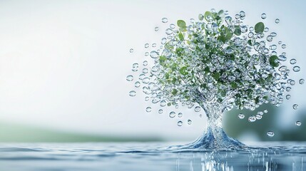   A tree surrounded by water with droplets on top and bottom