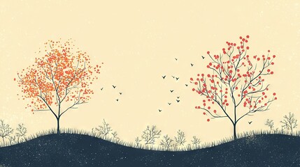   A pair of trees perch atop a hill, overlooking another hill where birds soar through the sky