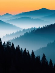 Obraz premium Serene mountain landscape at sunset, showcasing layered hills and misty forests beneath a vivid orange sky.