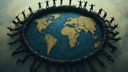 Human figures surrounding a globe, symbolizing unity and global collaboration. A powerful representation of worldwide connection.