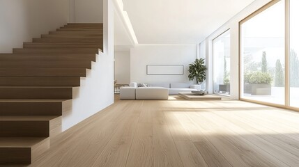 Modern interior of a luxury apartment featuring wooden stairs and a living room with laminate flooring