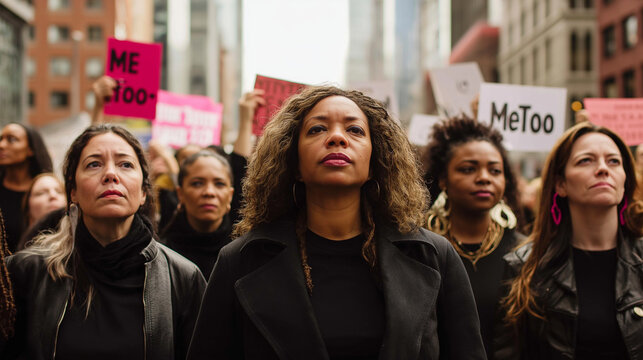 Determined Women of Diverse Backgrounds Marching with Me Too Signs in Urban Protest Setting