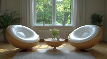 Fototapeta premium Stylish modern chairs with a round table, bright interior filled with natural light and greenery, perfect for relaxation and conversation.