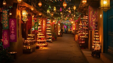 A vibrant Diwali display with hanging lanterns, festive banners, and glowing decorations