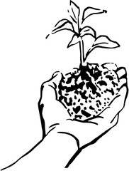 Hands with plant spout. Farmer hand holding soil and planting seeds. Zero Waste concept vector Illustration. Perfect for wallpaper, template, banner, wall decor, print, postcard, cover, business.