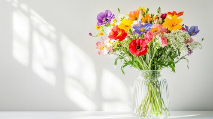 Fototapeta premium A beautifully arranged bouquet of colorful fresh flowers in a modern glass vase, placed on a white table against a clean, bright background.