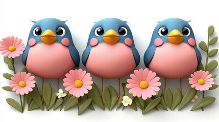 Obraz premium Three cute cartoon birds perched among colorful flowers, perfect for children's themes and cheerful designs.