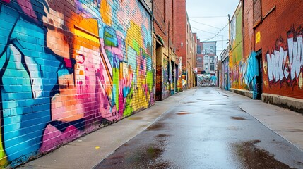 Naklejka premium A narrow alleyway lined with vibrant graffiti art.