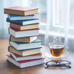 Fototapeta premium Stack of books and a cup of tea, evoking a sense of peaceful relaxation and quiet leisure.