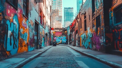 Naklejka premium Urban alleyway with colorful graffiti art.