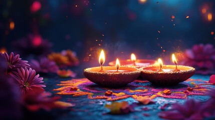 A vibrant Diwali wallpaper with glowing diyas, colorful rangoli, and festive decorations