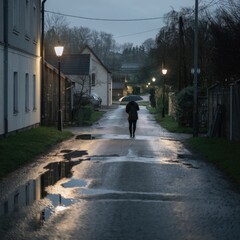 Person walks down a wet street with puddles, under an umbrella in the rain, with streetlights reflecting off the pavement, creating a moody, atmospheric scene.