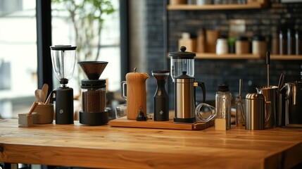 An artisanal coffee brewing setup with pour-over, French press, and AeroPress on a wooden table