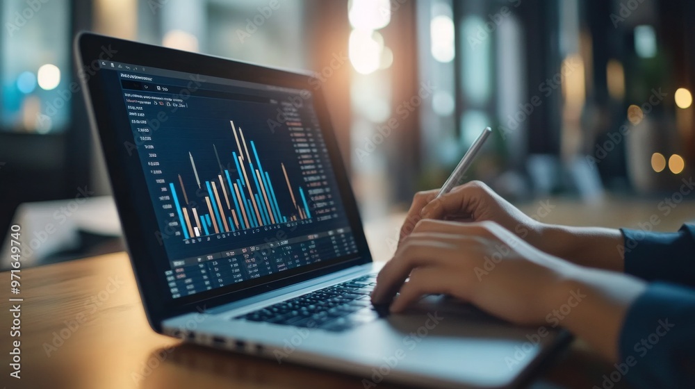 Poster a business professional analyzing financial data on a laptop screen, with bar and line graphs showin