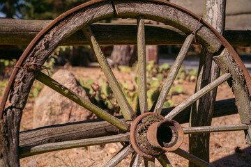 Old western wagon wheel. Close-up of a wagon wheel in a desert landscape.