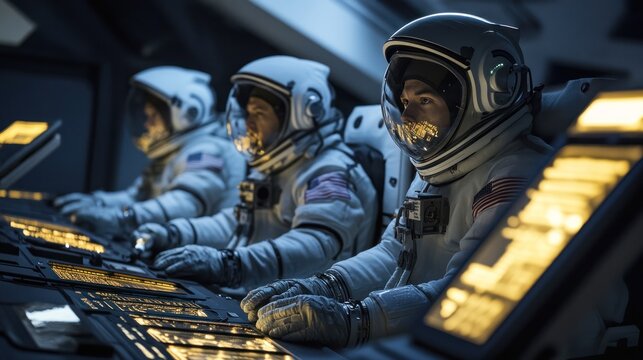 Artemis program astronauts preparing for a lunar mission, wearing advanced space suits, high-tech launchpad environment, intense and focused atmosphere