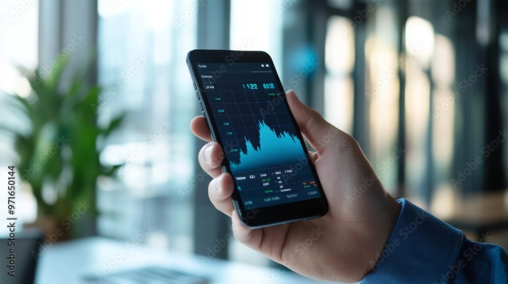 Poster a businessman holding a smartphone with a financial graph app open, with the focus on rising stock m