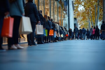 A large crowd of shoppers with shopping bags waiting in line outside a store during a sale event, black friday, cyber monday.