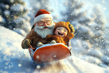 Laughing grandfather and grandson on sleds sliding down the hill, happy Christmas holidays, 3D card with wishes of Merry Christmas and Happy New Year