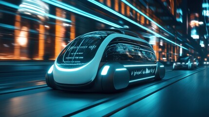 Futuristic Self-Driving Vehicle Traveling Through a City at Night