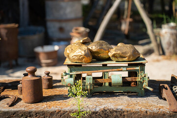 Old scales with gold bars on wild west. Cowboy house.