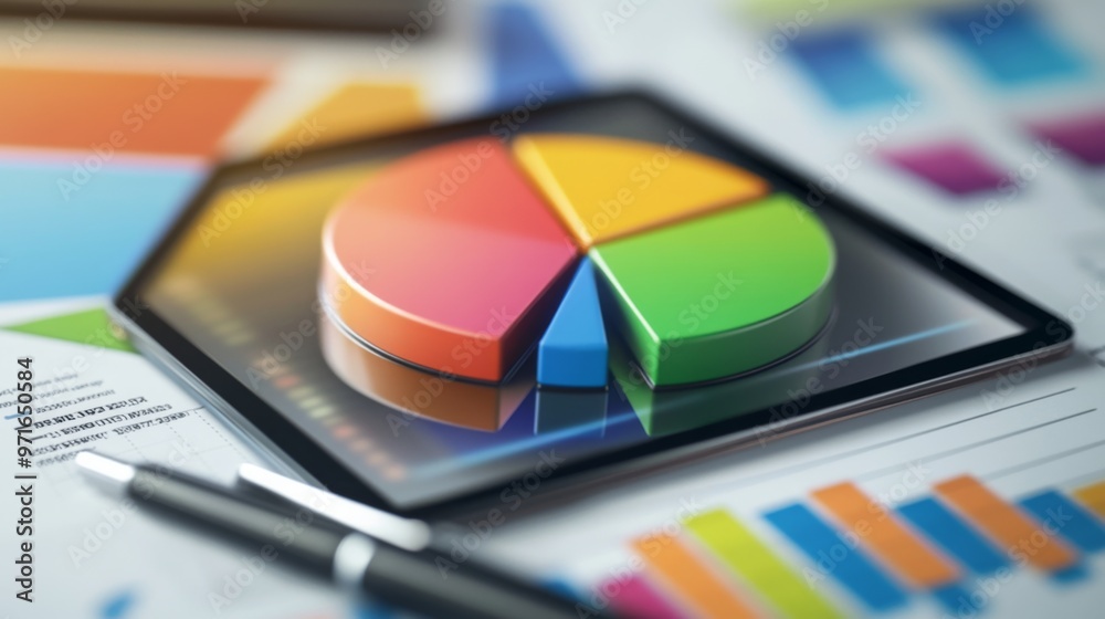 Fototapete a close-up of a 3d pie chart on a tablet screen, illustrating budget allocation with vivid colors an