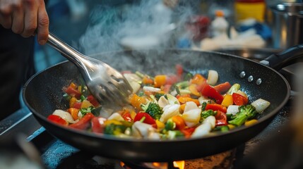 A chef stirring vegetables in a sizzling frying pan on high heat, with vibrant colors of the ingredients contrasting against the dark pan.