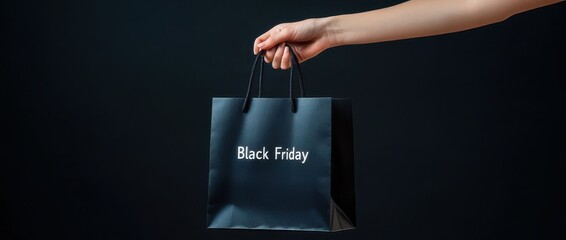 A hand holding a black shopping bag with "Black Friday" text on dark background, sales and discounts, promotions.