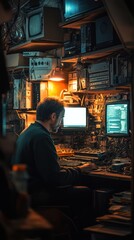 Naklejka premium Hacker Working in Dark Room Surrounded by Monitors and Cables - A lone hacker sits in a dimly lit room filled with monitors, coding and equipment, creating a mysterious cyberpunk atmosphere.