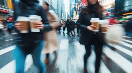 A busy city street scene with people holding takeaway coffee cups, in motion blur