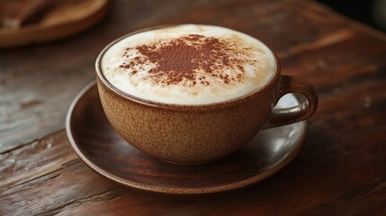 A classic cappuccino with a thick layer of foam and a dusting of cocoa powder, served in a rustic cup