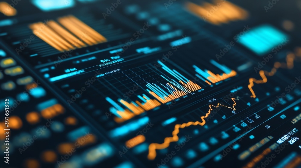 Leinwandbilder A close-up of a financial dashboard displaying several graphs and charts tracking investments, profits, and growth trends. The image is crisp, data-rich, and business-focused
