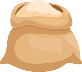 Burlap sack full of flour or sugar, tied at the top, isolated on white background