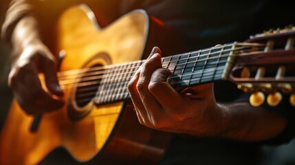 Naklejka premium A close-up of a musician's hands performing intricate fingerstyle guitar techniques, warm lighting,
