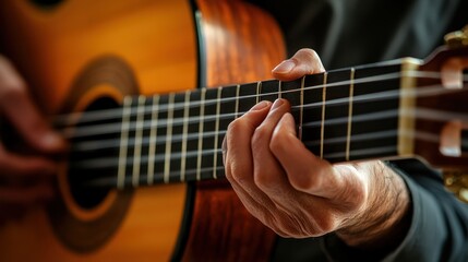 Fototapeta premium A close-up of delicate finger movements on a classical guitar, detailed craftsmanship