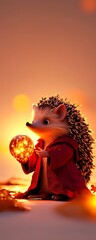 Adorable hedgehog holding a glowing pumpkin at sunset, Halloween concept.